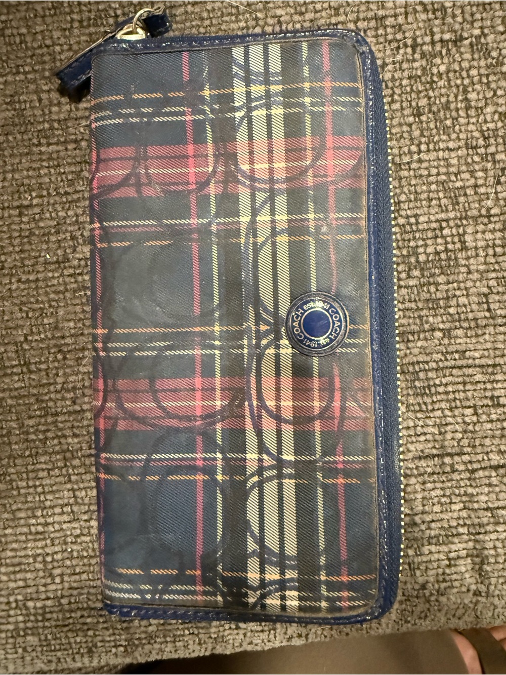 Coach Plaid Zip Wallet in Navy with Red and Cream Accents